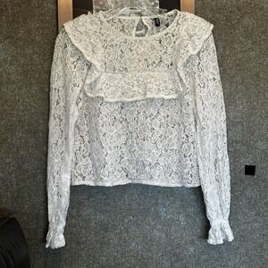 White Ruffle Yoke Lace Crop Top‎ Victorian Sleeves Size XS H&M Divided Ultra
